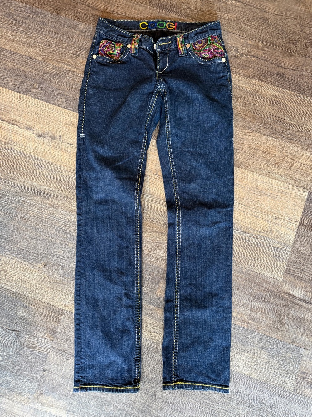 COOGI size 3/4 Dark Blue Straight-Leg Jeans with Multicolor Embroidered Pockets